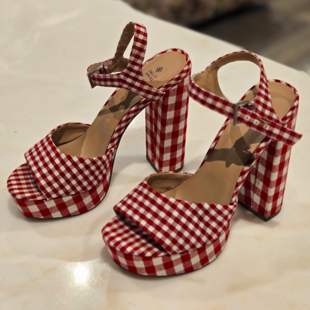 Call It Spring Vegan Chic Red Gingham Platform Sandal Heels
